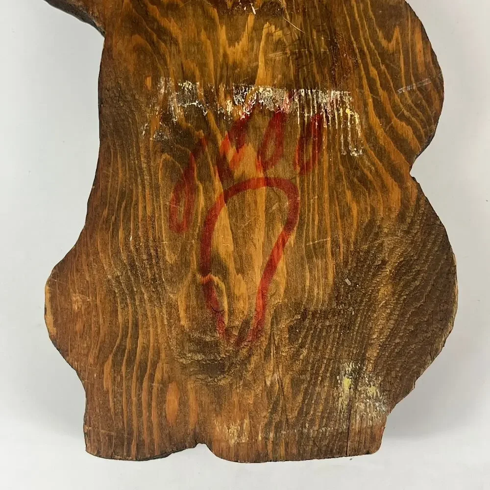 Vintage Handmade Wooden Bear Carved Hand Painted Wall Hanging Decor Red Flower